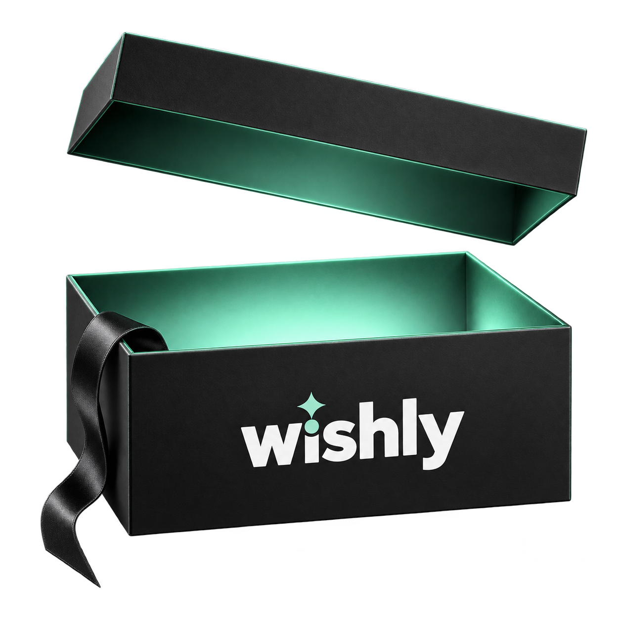 Open black Wishly gift box glowing with mint light